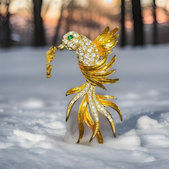 Vtg Set 3, Bird of Paradise Lg 3" Enamel Rhinestone Chrystal Pin Brooch/Earrings - Picture 10 of 16